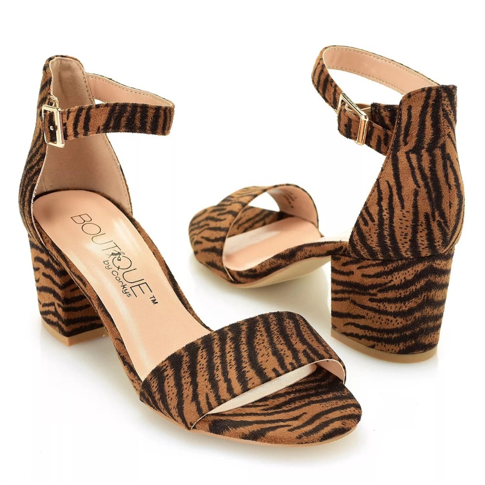 Boutique by Corky's Sweetie Front Strap Block Heel Mob Wife Tiger Animal Print 7